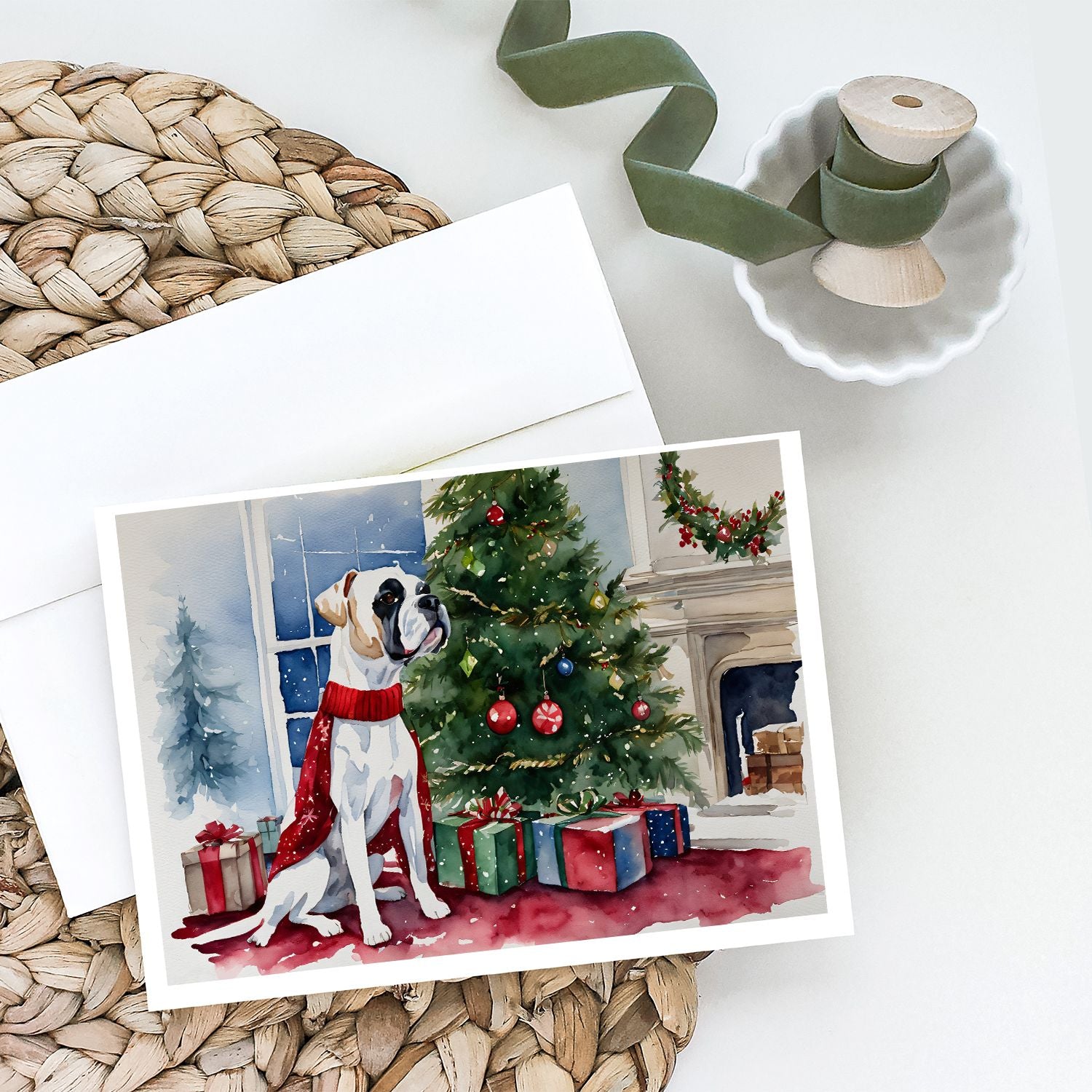 White Boxer Christmas Greeting Cards Pack of 8 Blank Cards with Envelopes Whimsical A7 Size 5x7 Blank Note Cards