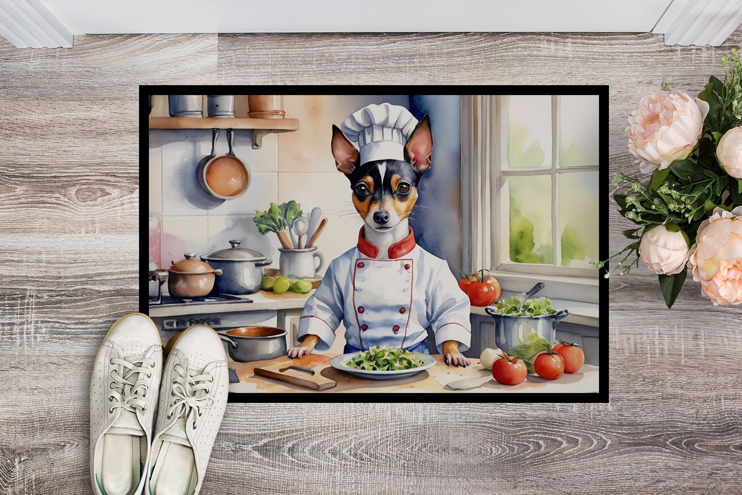 Rat Terrier The Chef Doormat Front Door Mat Indoor Outdoor Rugs for Entryway, Non Slip Washable Low Pile, 24H X 36W