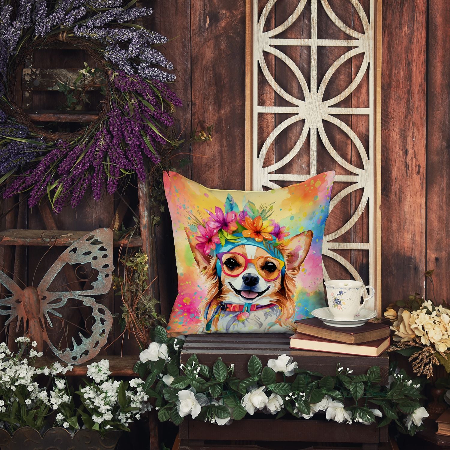 Chihuahua Hippie Dawg Throw Pillow Machine Washable, Indoor Outdoor Decorative Pillow for Couch, Bed or Patio, 14Hx14W