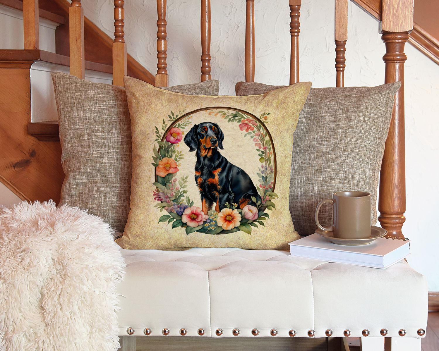 Gordon Setter and Flowers Throw Pillow Machine Washable, Indoor Outdoor Decorative Pillow for Couch, Bed or Patio, 14Hx14W