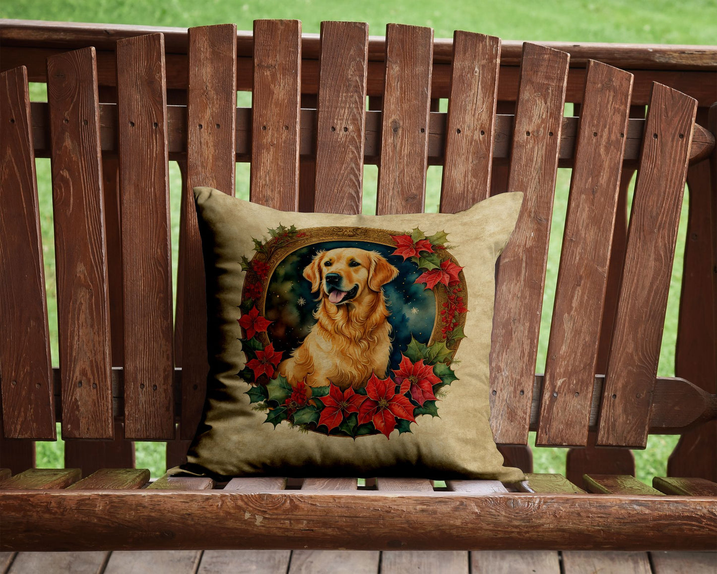 Golden Retriever Christmas Flowers Throw Pillow Machine Washable, Indoor Outdoor Decorative Pillow for Couch, Bed or Patio, 14Hx14W
