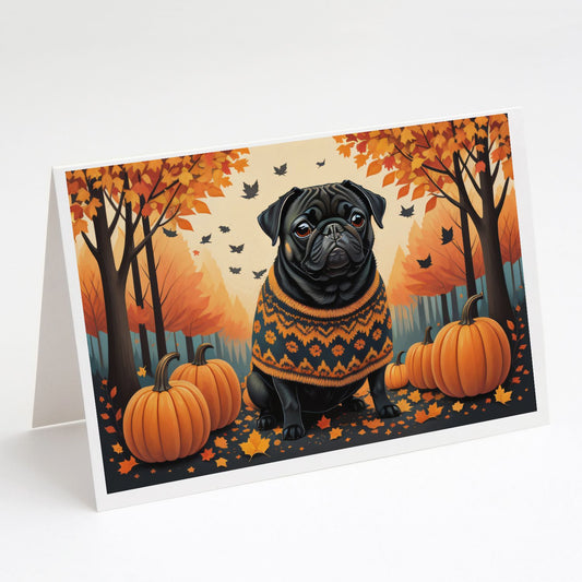 Black Pug Fall Greeting Cards Pack of 8 Blank Cards with Envelopes Whimsical A7 Size 5x7 Blank Note Cards