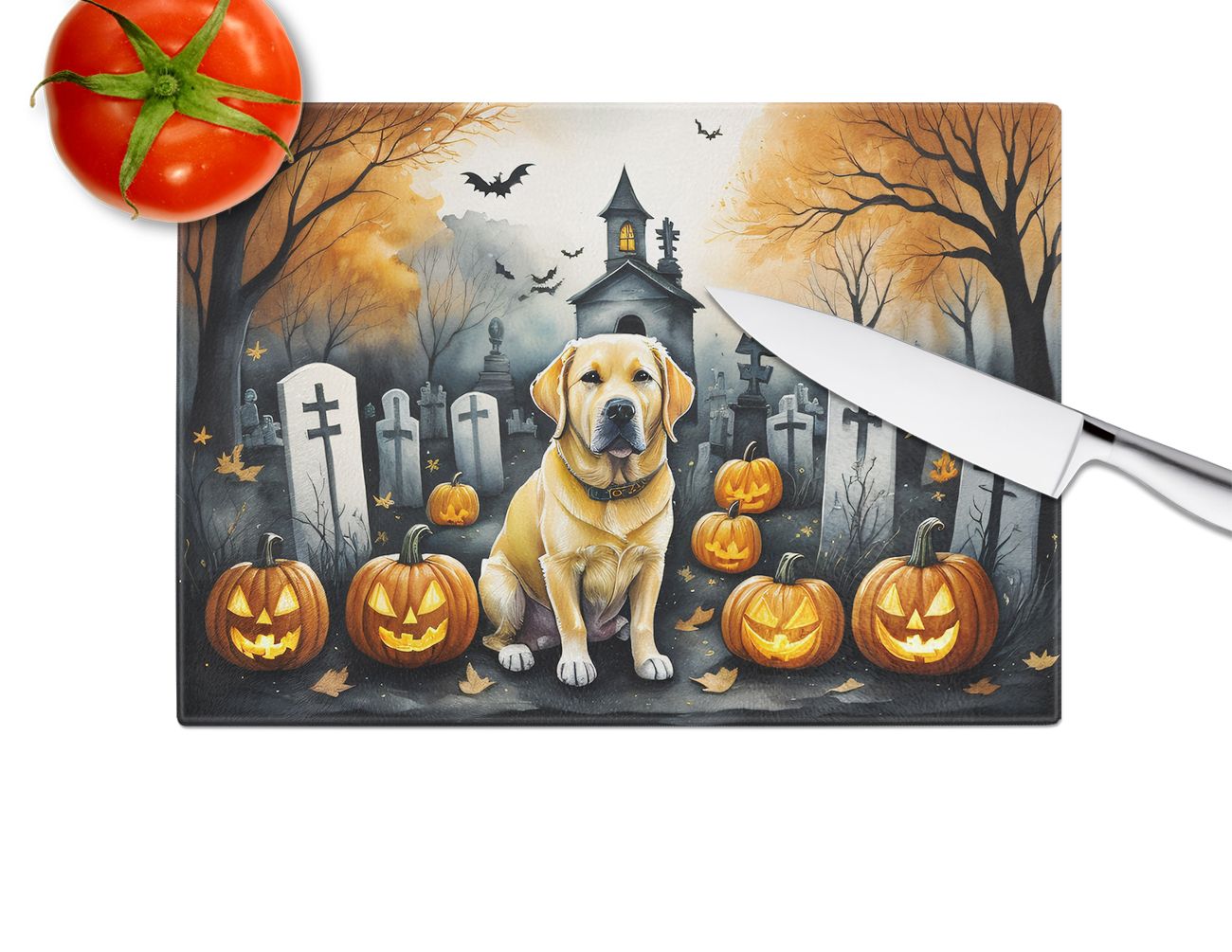 NEW Yellow Labrador Retriever Spooky Halloween Glass Cutting Board Decorative Tempered Glass Kitchen Cutting and Serving Board Large Size Chopping Board