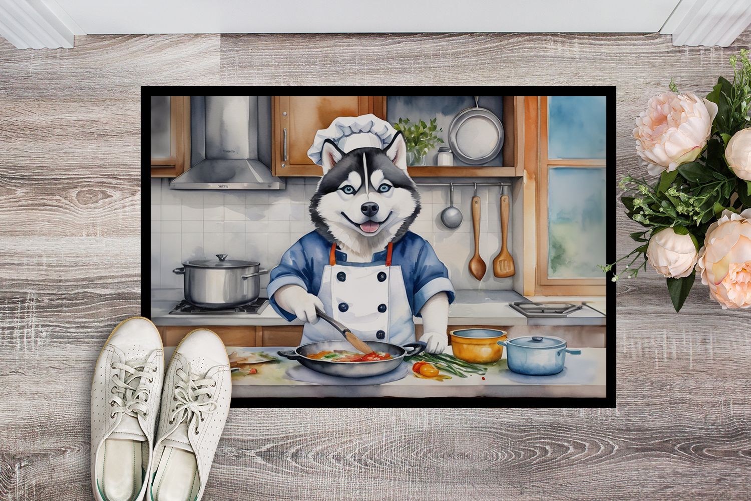 NEW Siberian Husky The Chef Doormat Front Door Mat Indoor Outdoor Rugs for Entryway, Non Slip Washable Low Pile, 18H X 27W