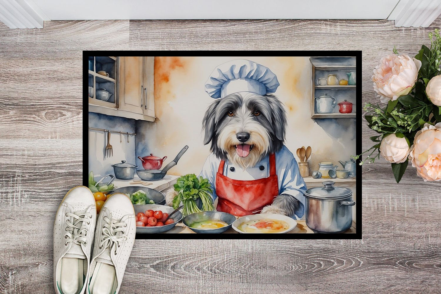 Bearded Collie The Chef Doormat Front Door Mat Indoor Outdoor Rugs for Entryway, Non Slip Washable Low Pile, 24H X 36W