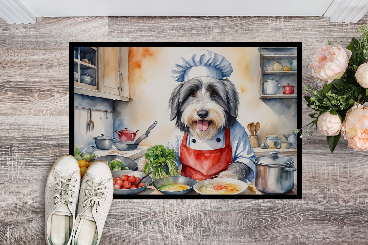 Bearded Collie The Chef Doormat Front Door Mat Indoor Outdoor Rugs for Entryway, Non Slip Washable Low Pile, 24H X 36W