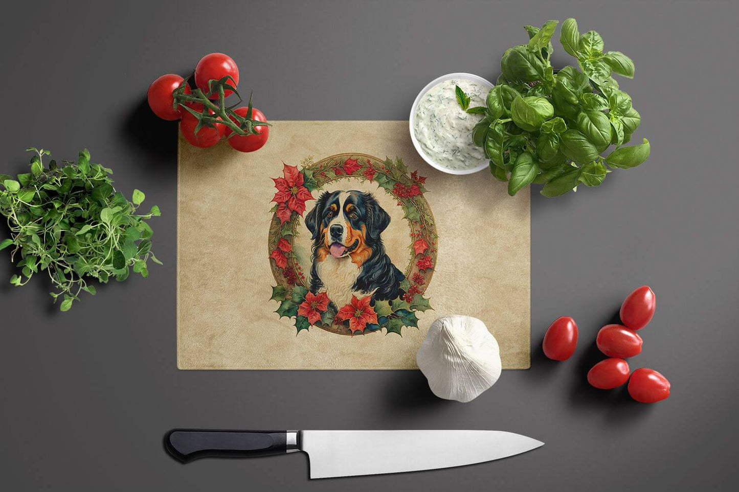 NEW Bernese Mountain Dog Christmas Flowers Glass Cutting Board Decorative Tempered Glass Kitchen Cutting and Serving Board Large Size Chopping Board