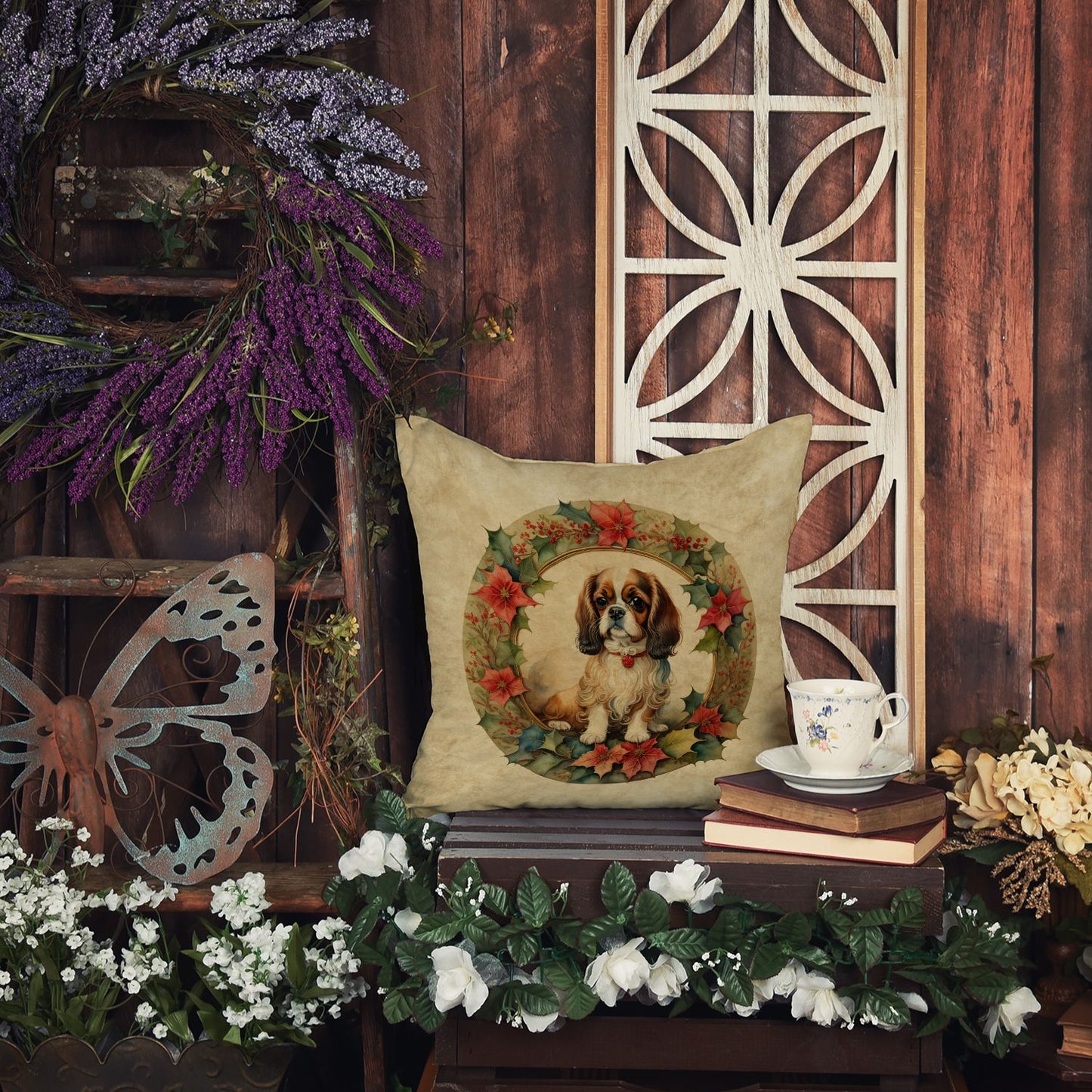 English Toy Spaniel Christmas Flowers Throw Pillow Machine Washable, Indoor Outdoor Decorative Pillow for Couch, Bed or Patio, 14Hx14W