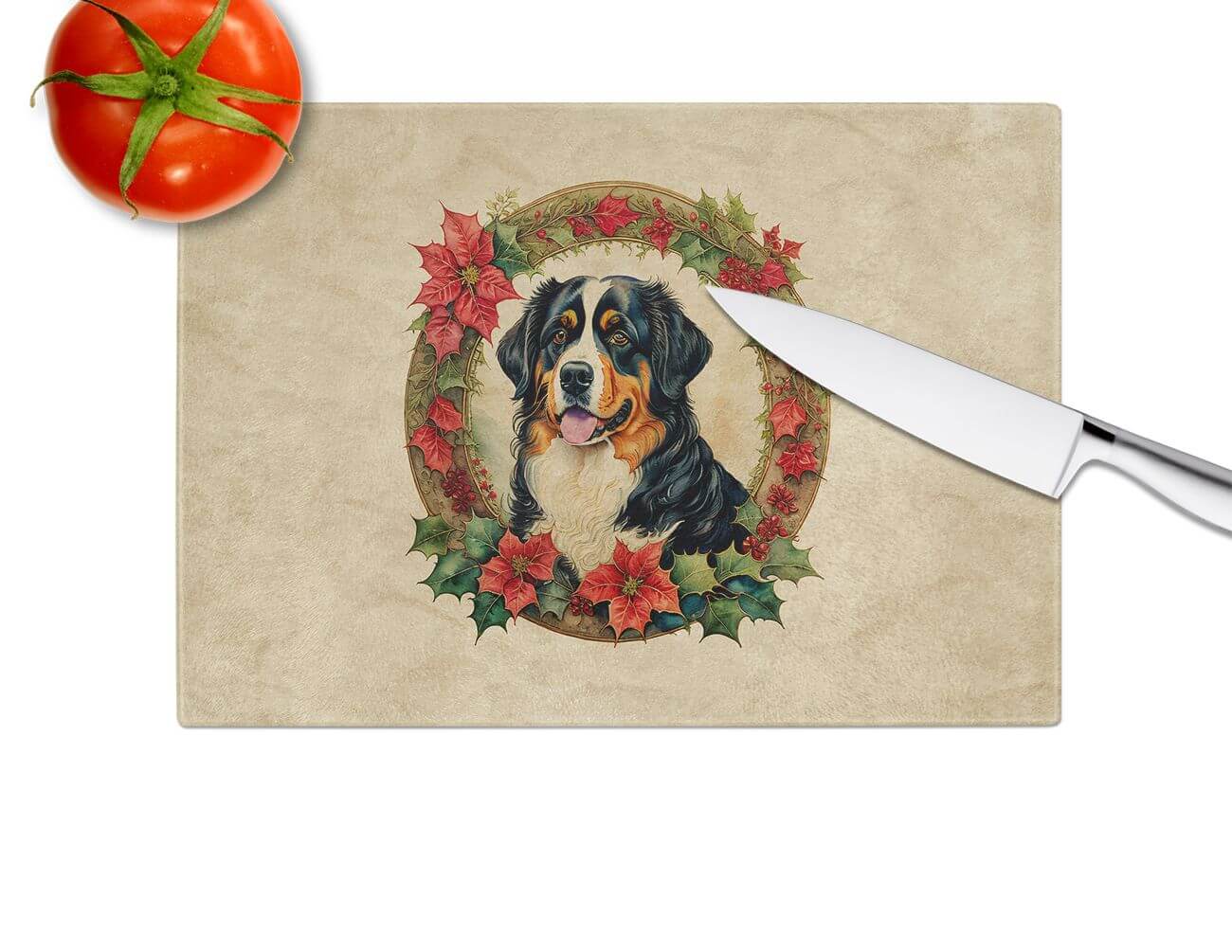 NEW Bernese Mountain Dog Christmas Flowers Glass Cutting Board Decorative Tempered Glass Kitchen Cutting and Serving Board Large Size Chopping Board