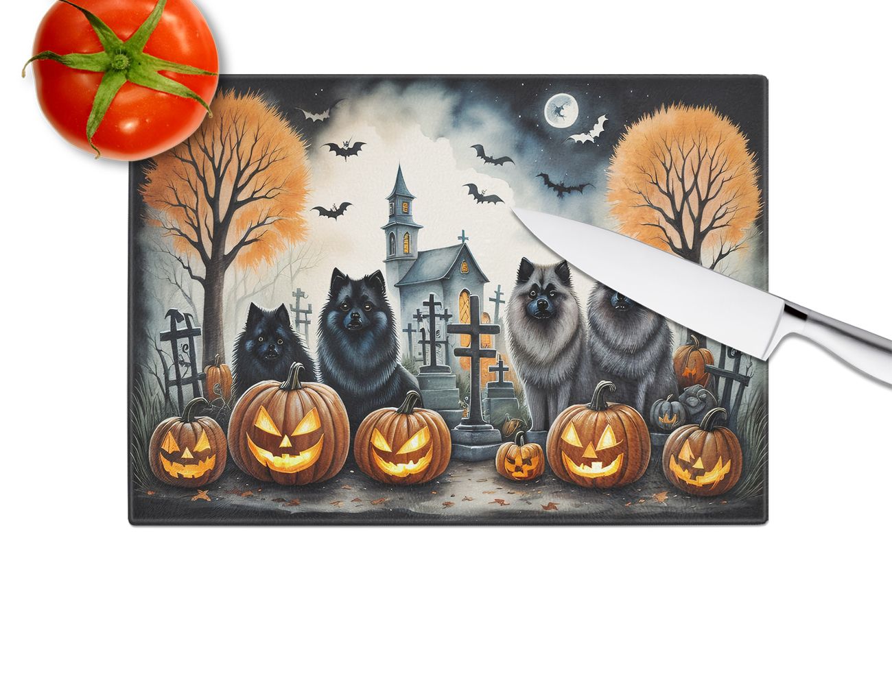 NEW Keeshond Spooky Halloween Glass Cutting Board Decorative Tempered Glass Kitchen Cutting and Serving Board Large Size Chopping Board