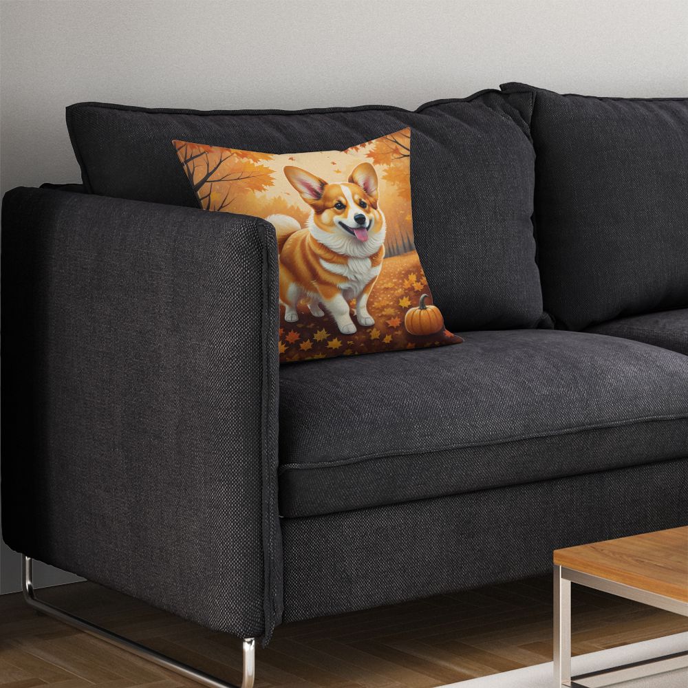 Corgi Fall Throw Pillow Machine Washable, Indoor Outdoor Decorative Pillow for Couch, Bed or Patio, 14Hx14W