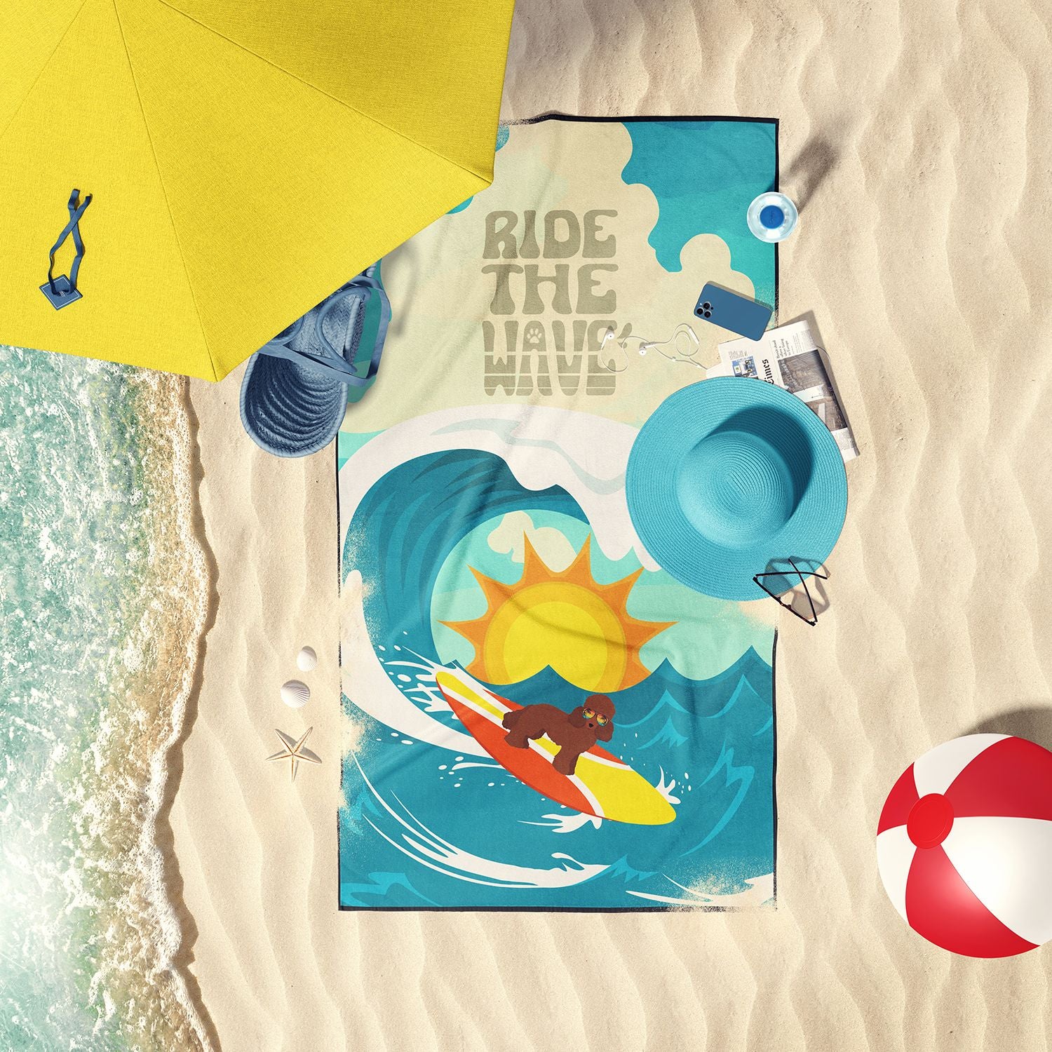 Surfer Dog Red Toy Poodle Premium Beach Towel Oversized Towel Beach Blanket, Pool, Beach Essentials, Yoga, Premium Bath Towel, Quick Dry Plush