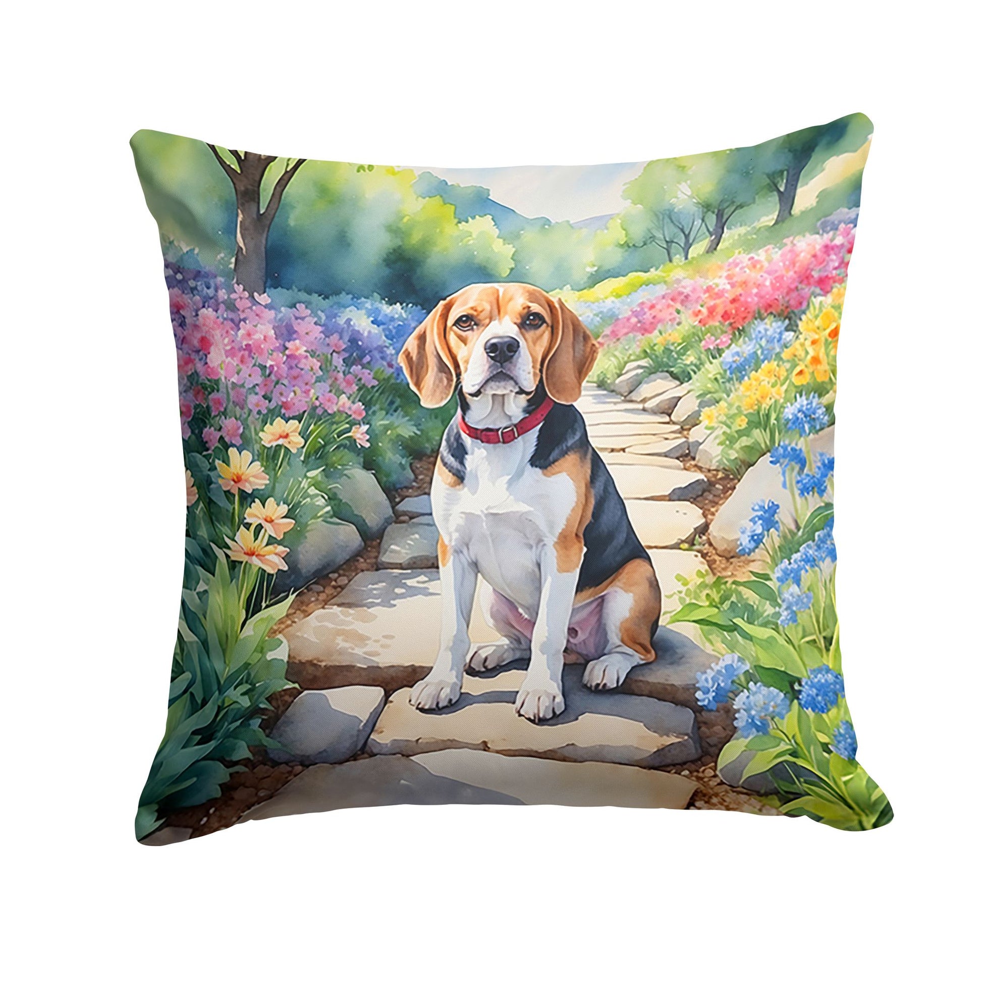 Beagle Spring Garden Throw Pillow Machine Washable, Indoor Outdoor Decorative Pillow for Couch, Bed or Patio, 14Hx14W