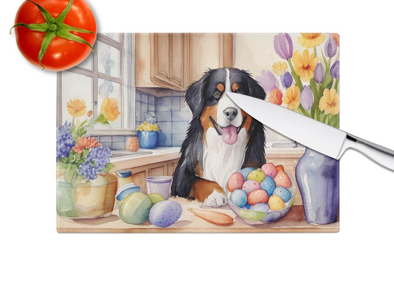 NEW Decorating Easter Bernese Mountain Dog Glass Cutting Board Decorative Tempered Glass Kitchen Cutting and Serving Board Large Size Chopping Board