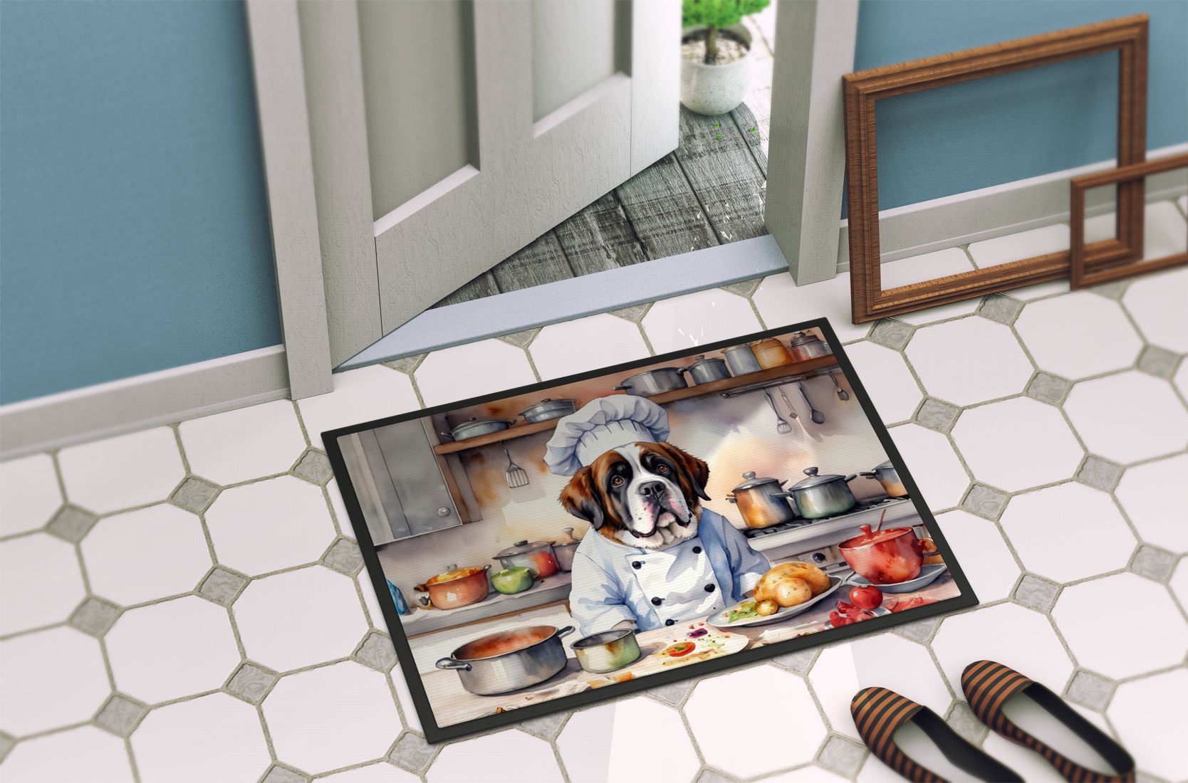 NEW Saint Bernard The Chef Doormat Front Door Mat Indoor Outdoor Rugs for Entryway, Non Slip Washable Low Pile, 18H X 27W