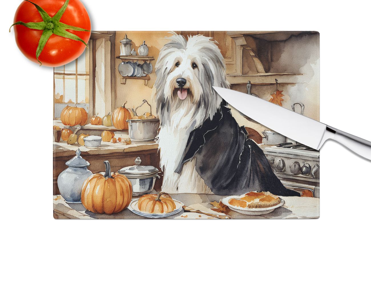 NEW Bearded Collie Fall Kitchen Pumpkins Glass Cutting Board Decorative Tempered Glass Kitchen Cutting and Serving Board Large Size Chopping Board
