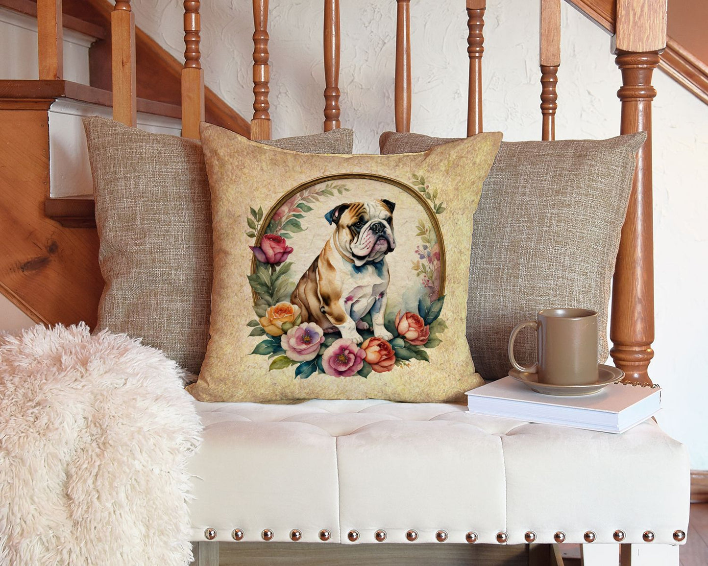 English Bulldog and Flowers Throw Pillow Machine Washable, Indoor Outdoor Decorative Pillow for Couch, Bed or Patio, 14Hx14W