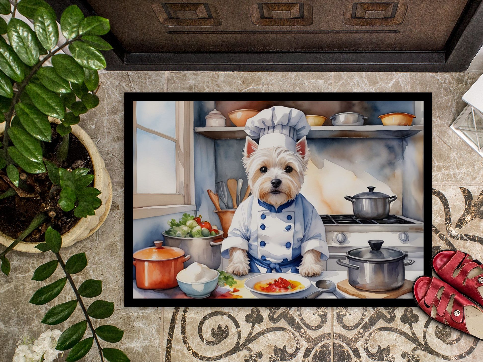 NEW Westie The Chef Doormat Front Door Mat Indoor Outdoor Rugs for Entryway, Non Slip Washable Low Pile, 18H X 27W