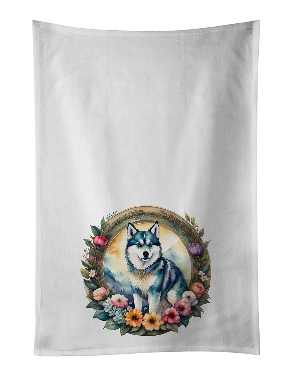 Alaskan Klee Kai and Flowers Kitchen Towel Set of 2 White Dish Towels Decorative Bathroom Hand towel for Hand, Face, Hair, Yoga, Tea, Dishcloth, 19 X 28", White