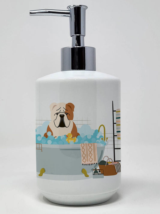 Fawn White English Bulldog in Bathtub Ceramic Soap Dispenser Hand Soap Dispenser Pump Bottles for Bathroom Kitchen, Empty Refillable Liquid Soap Container