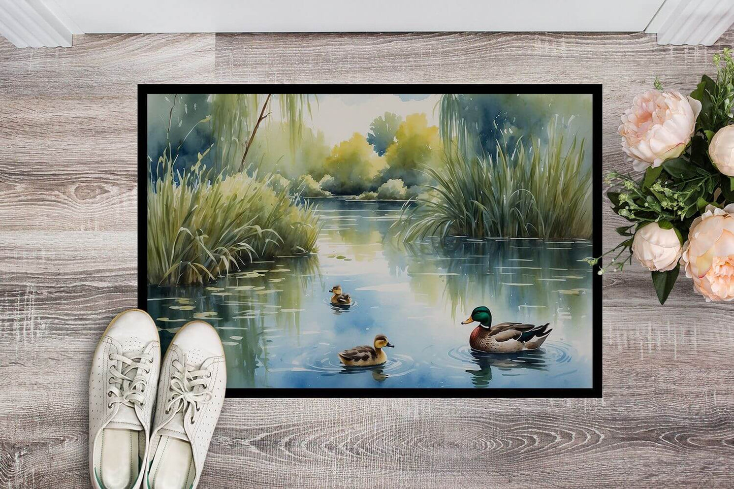 Ducks by the Pond Doormat Front Door Mat Indoor Outdoor Rugs for Entryway, Non Slip Washable Low Pile, 24H X 36W