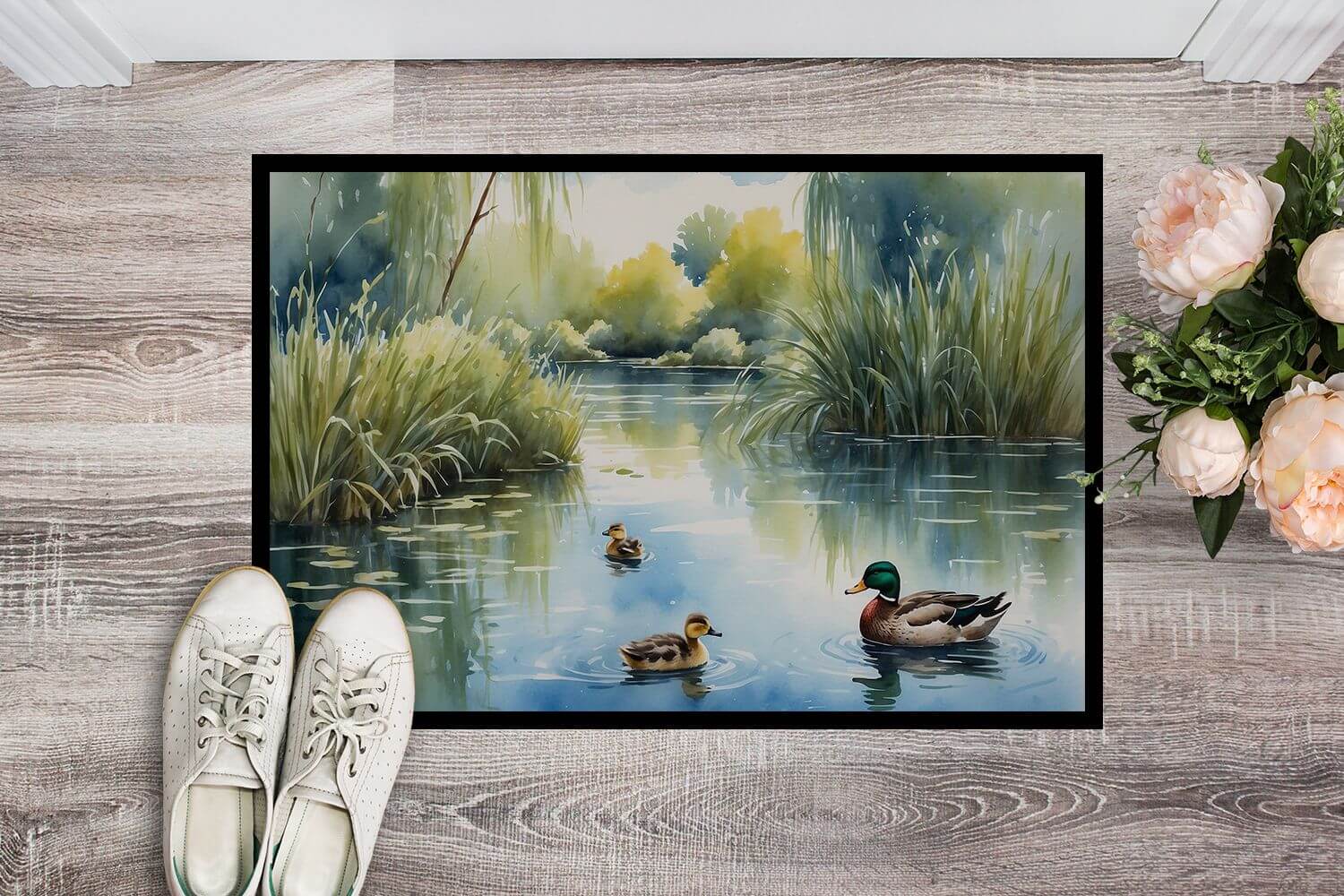 Ducks by the Pond Doormat Front Door Mat Indoor Outdoor Rugs for Entryway, Non Slip Washable Low Pile, 24H X 36W