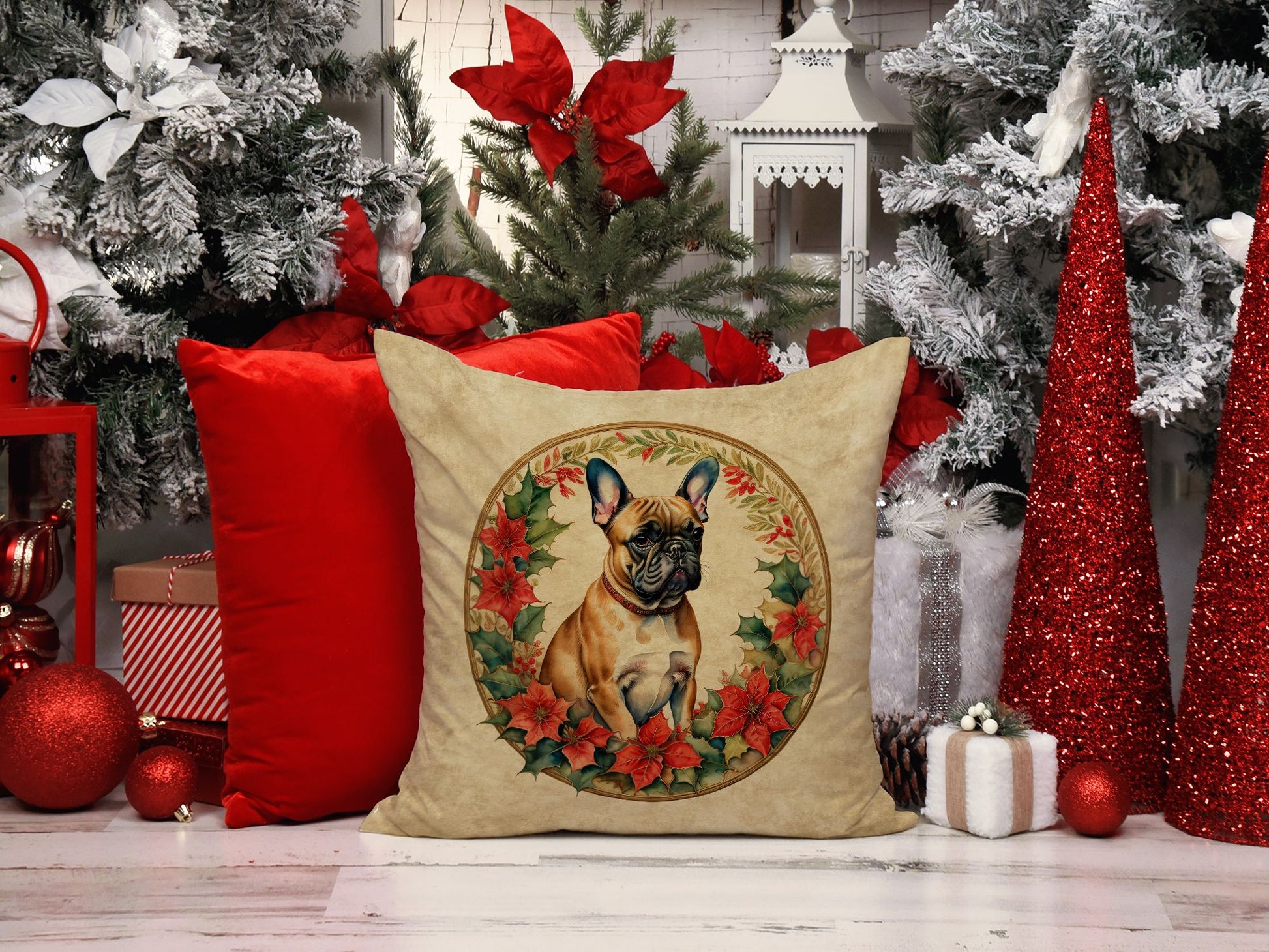 French Bulldog Christmas Flowers Throw Pillow Machine Washable, Indoor Outdoor Decorative Pillow for Couch, Bed or Patio, 14Hx14W