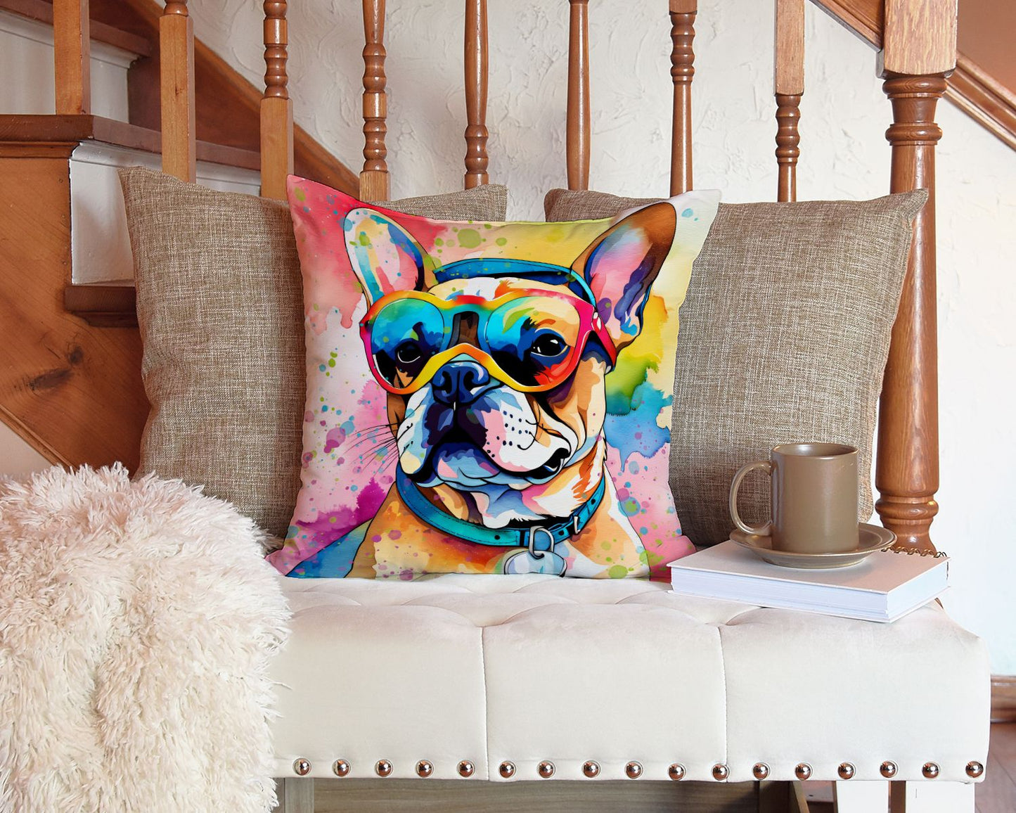 French Bulldog Hippie Dawg Throw Pillow Machine Washable, Indoor Outdoor Decorative Pillow for Couch, Bed or Patio, 14Hx14W