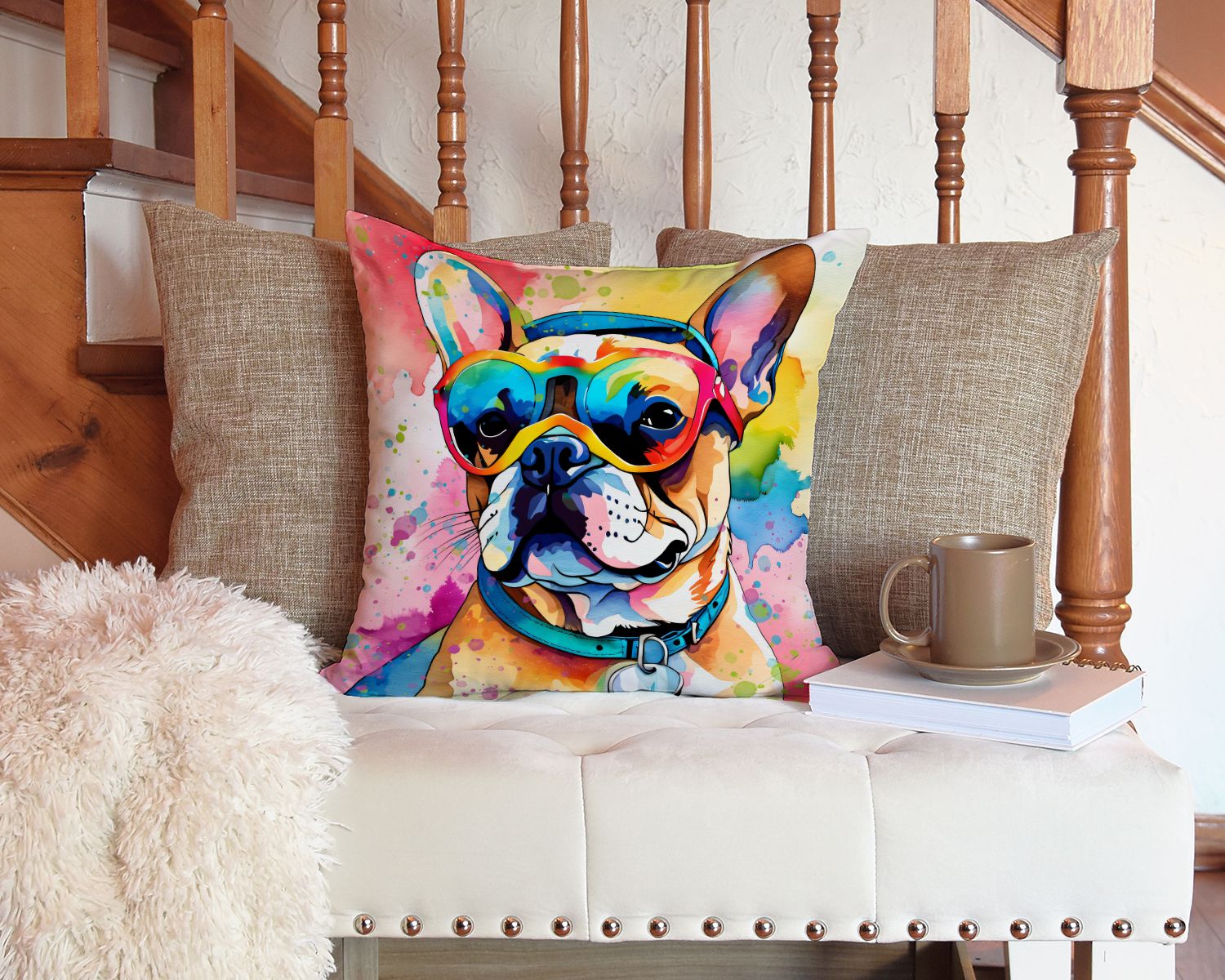French Bulldog Hippie Dawg Throw Pillow Machine Washable, Indoor Outdoor Decorative Pillow for Couch, Bed or Patio, 14Hx14W