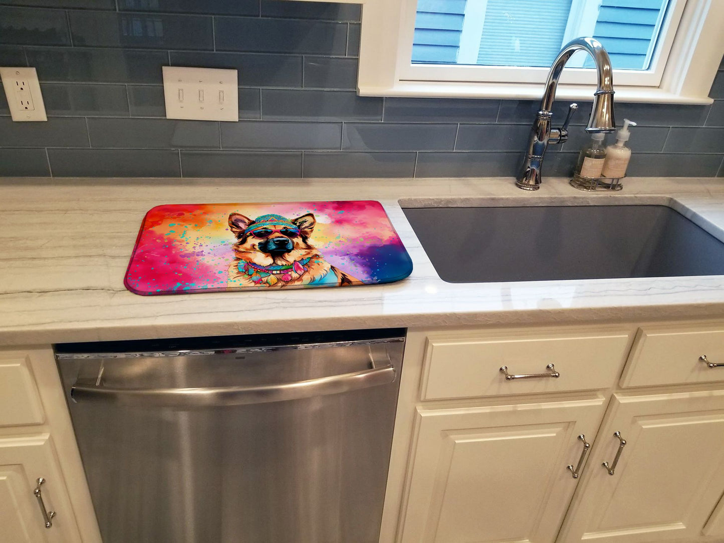 German Shepherd Hippie Dawg Dish Drying Mat Absorbent Dish Drying Mat Pad for Kitchen Counter Dish Drainer Mat for Countertop, 14 x 21", Multicolor