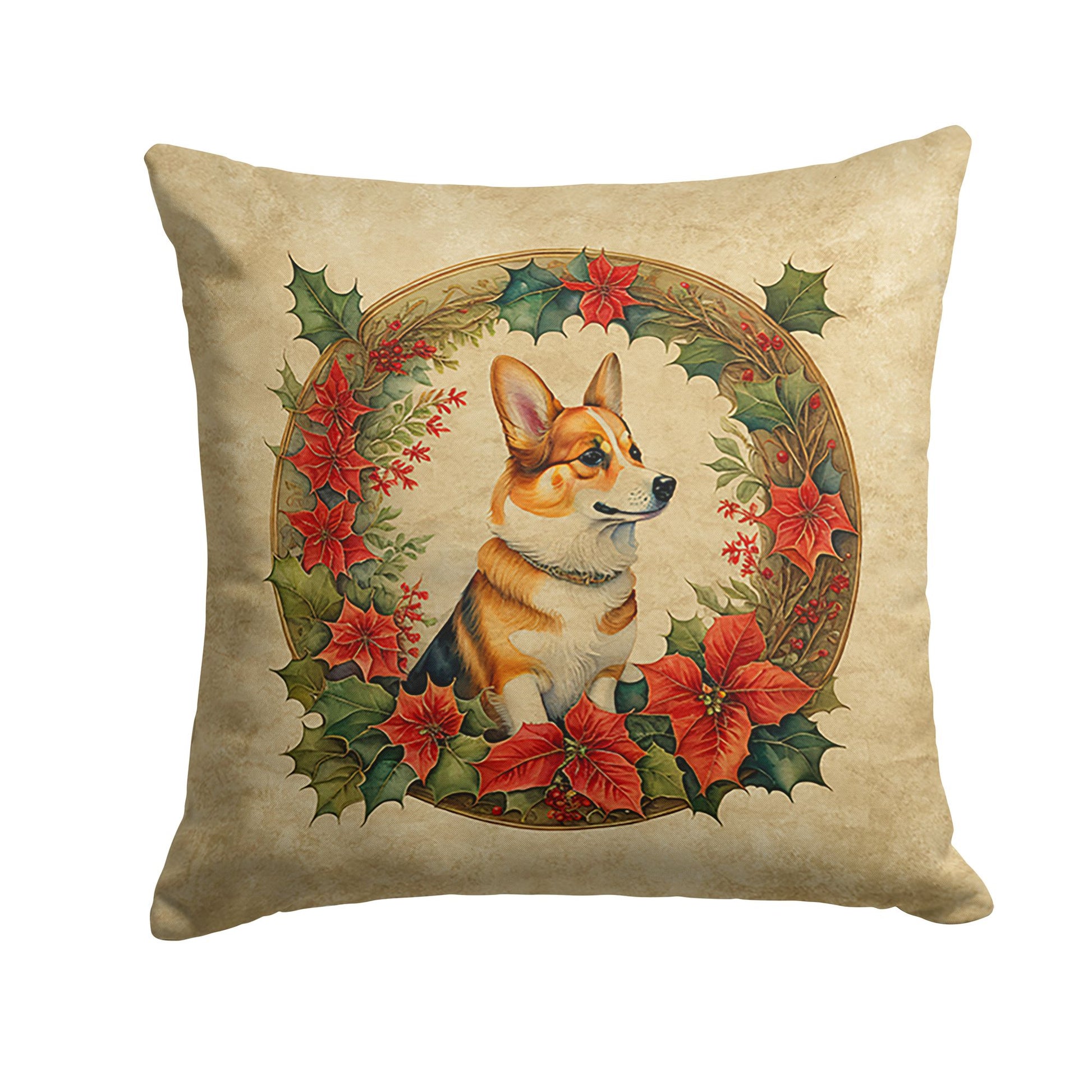 Corgi Christmas Flowers Throw Pillow Machine Washable, Indoor Outdoor Decorative Pillow for Couch, Bed or Patio, 14Hx14W