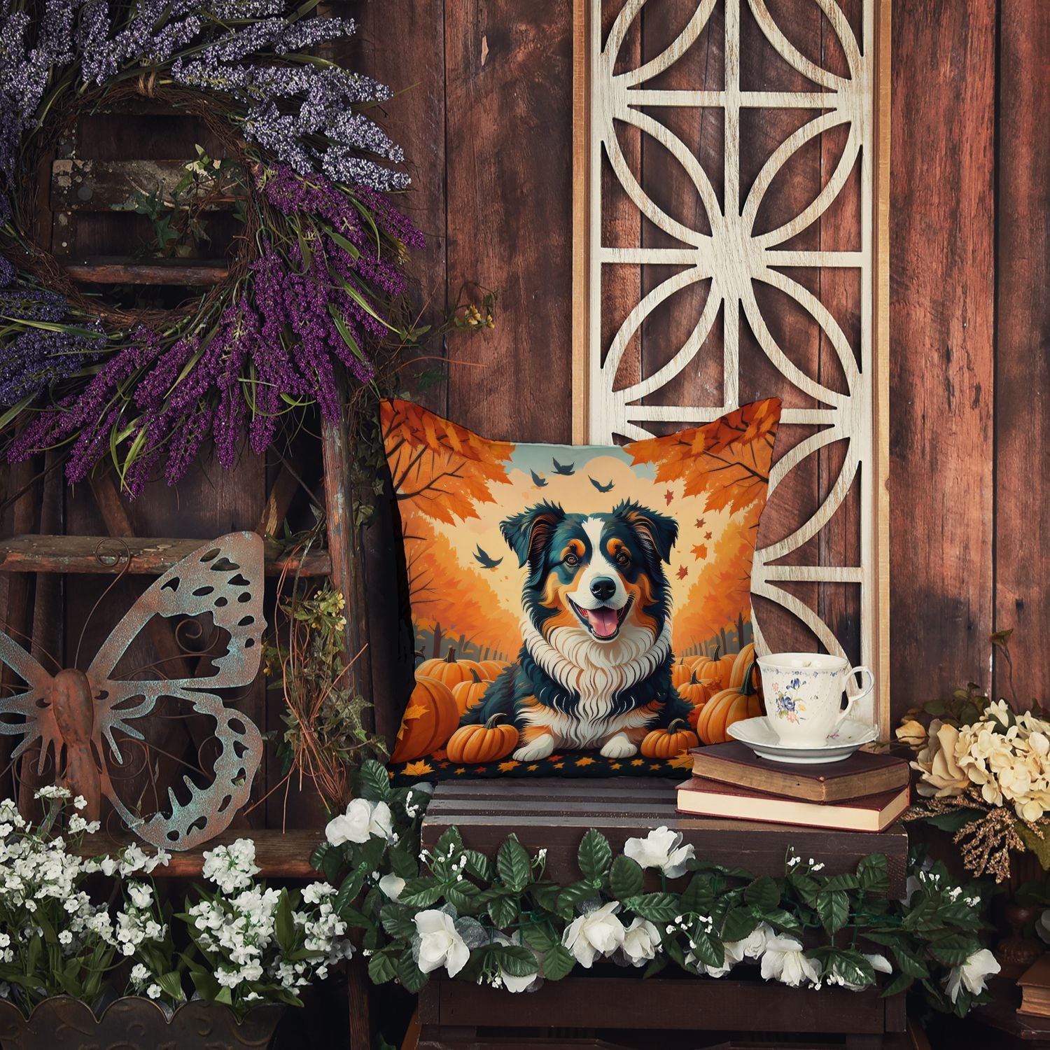 Australian Shepherd Terrier Fall Throw Pillow Machine Washable, Indoor Outdoor Decorative Pillow for Couch, Bed or Patio, 18Hx18W