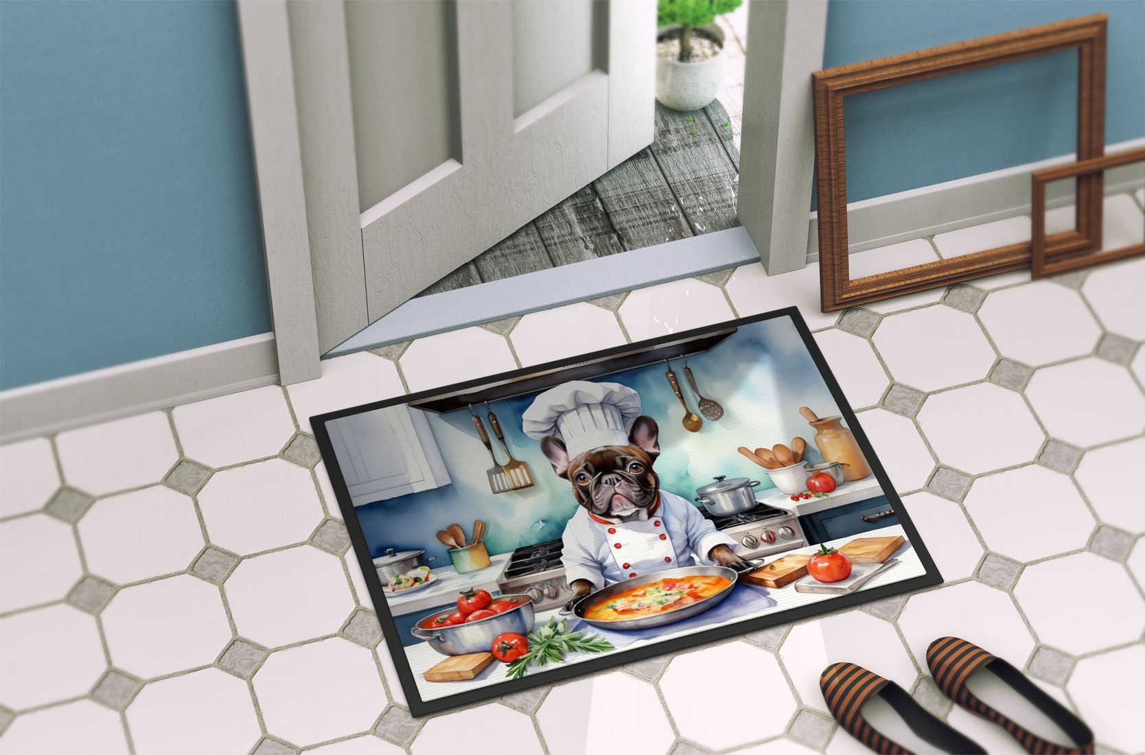 French Bulldog The Chef Doormat Front Door Mat Indoor Outdoor Rugs for Entryway, Non Slip Washable Low Pile, 24H X 36W