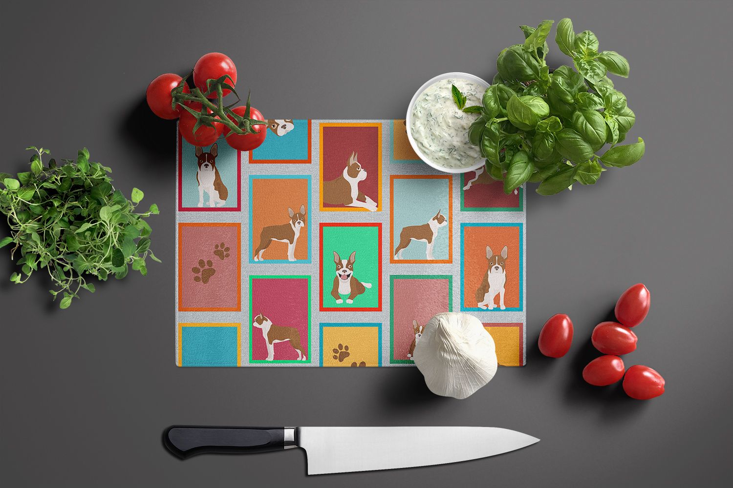 NEW Lots of Red Boston Terrier Glass Cutting Board Decorative Tempered Glass Kitchen Cutting and Serving Board Large Size Chopping Board