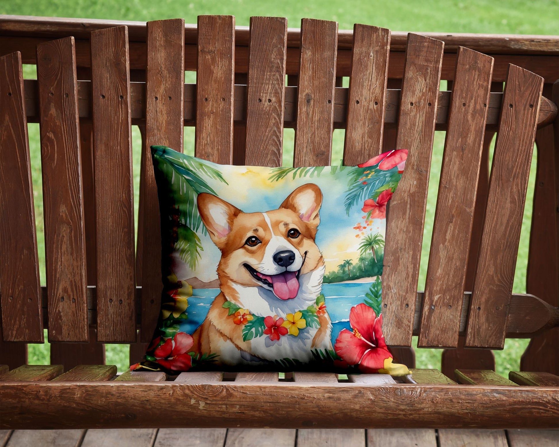 Corgi Luau Throw Pillow Machine Washable, Indoor Outdoor Decorative Pillow for Couch, Bed or Patio, 14Hx14W