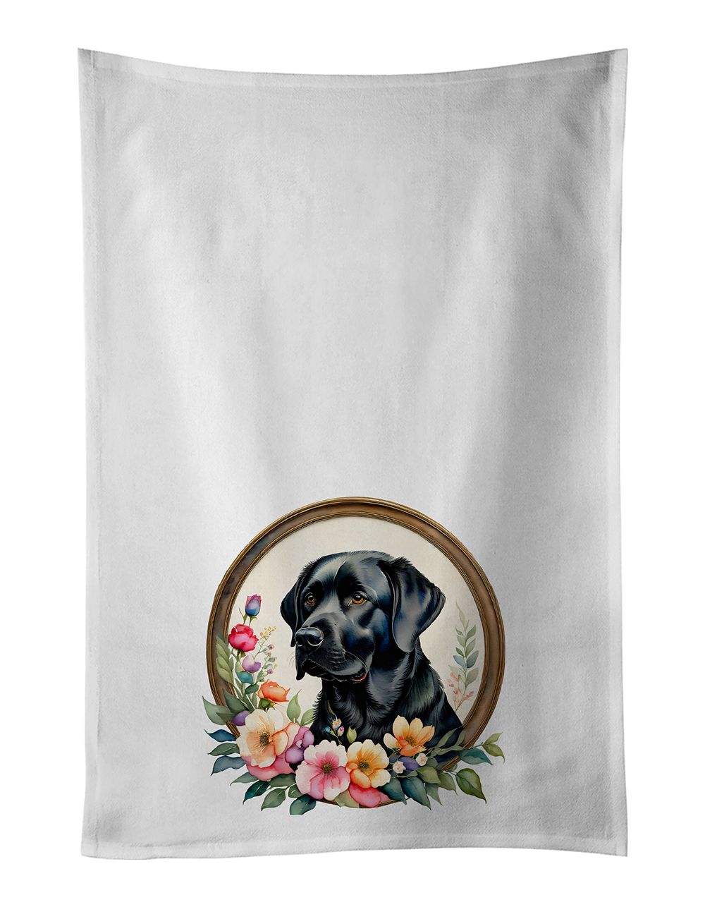 Black Labrador Retriever and Flowers Kitchen Towel Set of 2 White Dish Towels Decorative Bathroom Hand towel for Hand, Face, Hair, Yoga, Tea, Dishcloth, 19 X 28", White