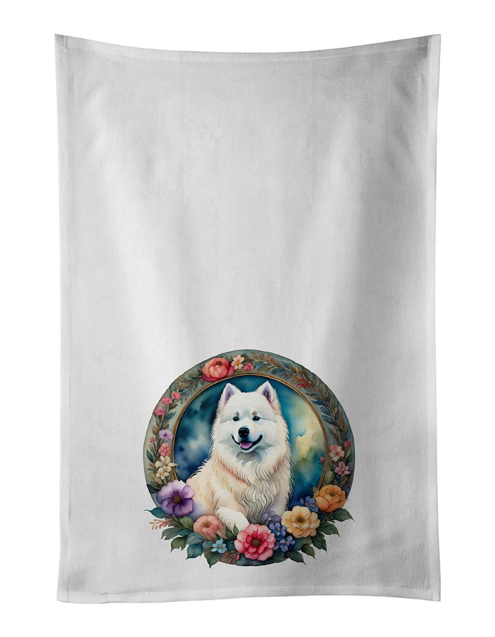 Samoyed and Flowers Kitchen Towel Set of 2 White Dish Towels Decorative Bathroom Hand towel for Hand, Face, Hair, Yoga, Tea, Dishcloth, 19 X 28", White