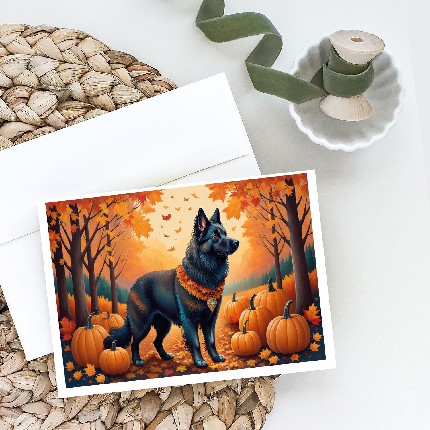 Belgian Sheepdog Fall Greeting Cards Pack of 8 Blank Cards with Envelopes Whimsical A7 Size 5x7 Blank Note Cards