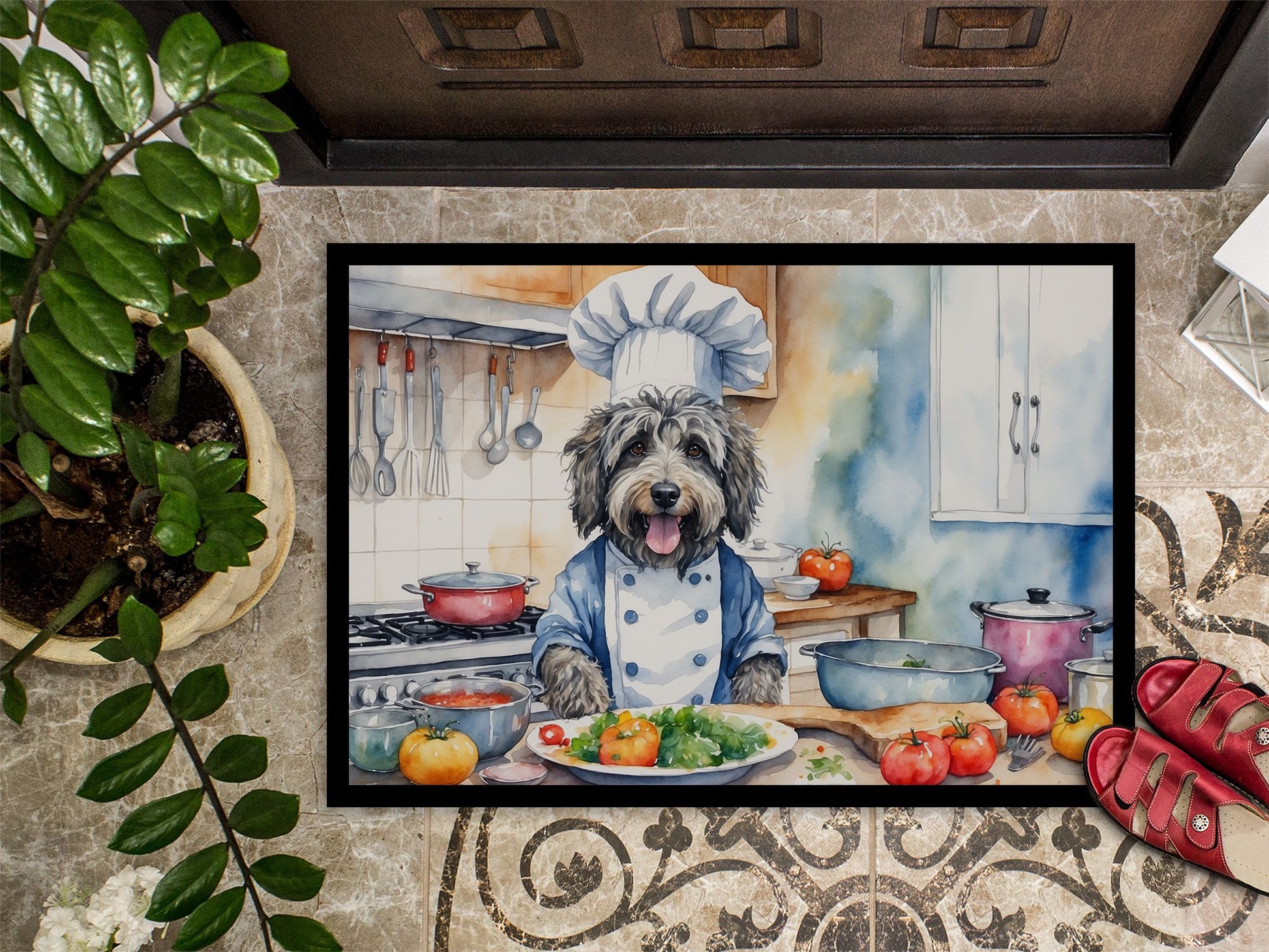 Bergamasco Sheepdog The Chef Doormat Front Door Mat Indoor Outdoor Rugs for Entryway, Non Slip Washable Low Pile, 24H X 36W