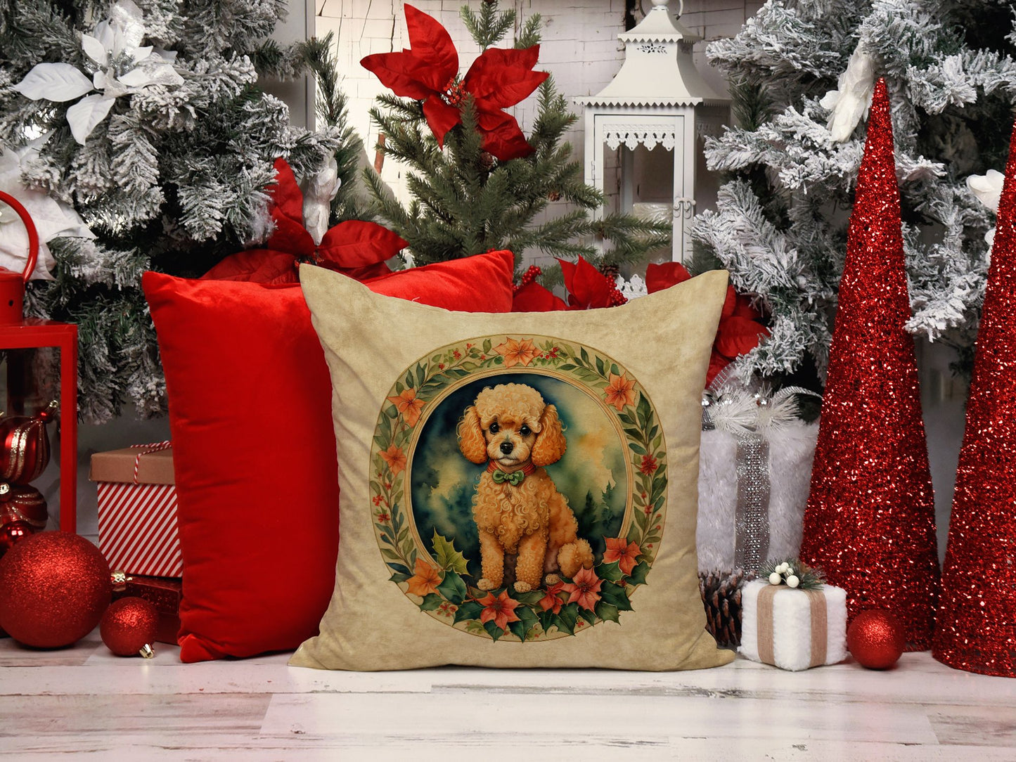 Poodle Christmas Flowers Throw Pillow Machine Washable, Indoor Outdoor Decorative Pillow for Couch, Bed or Patio, 14Hx14W
