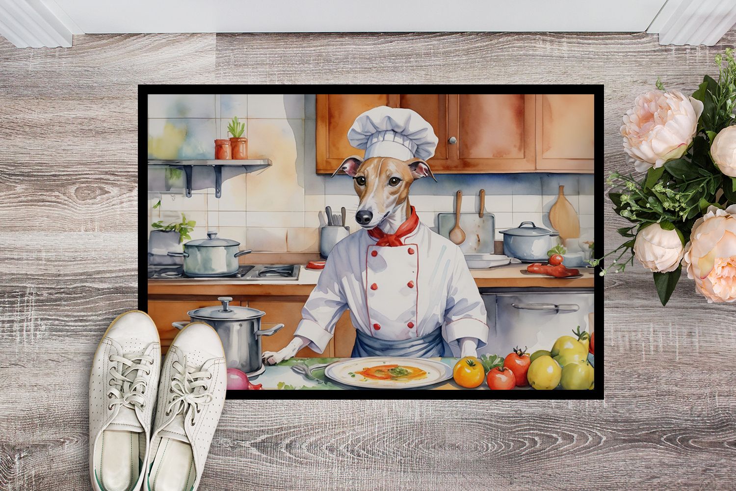 NEW Whippet The Chef Doormat Front Door Mat Indoor Outdoor Rugs for Entryway, Non Slip Washable Low Pile, 18H X 27W
