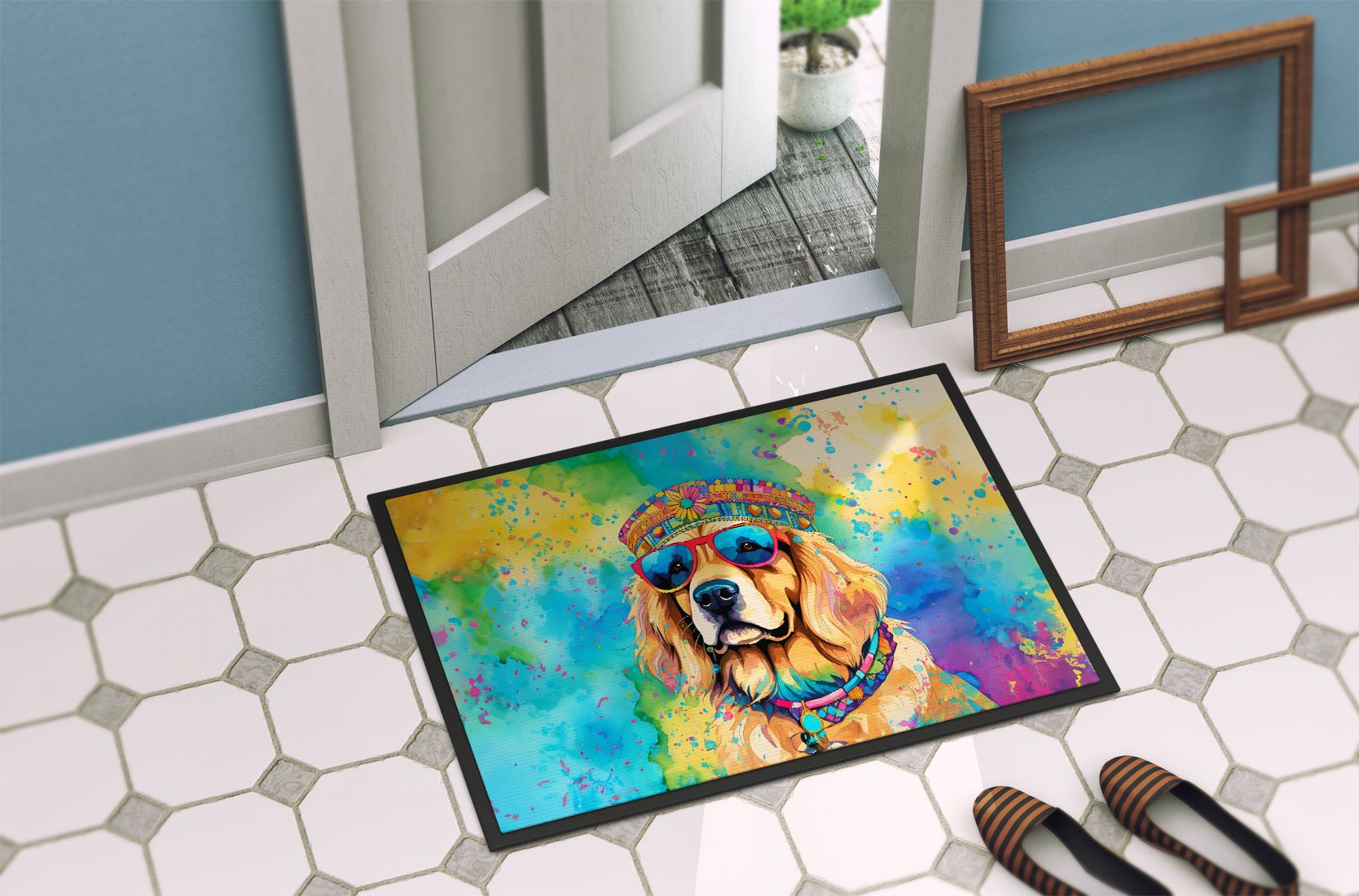 NEW Golden Retriever Hippie Dawg Doormat Front Door Mat Indoor Outdoor Rugs for Entryway, Non Slip Washable Low Pile, 18H X 27W
