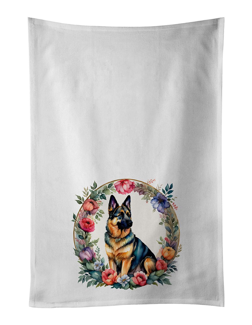German Shepherd and Flowers Kitchen Towel Set of 2 White Dish Towels Decorative Bathroom Hand towel for Hand, Face, Hair, Yoga, Tea, Dishcloth, 19 X 28", White