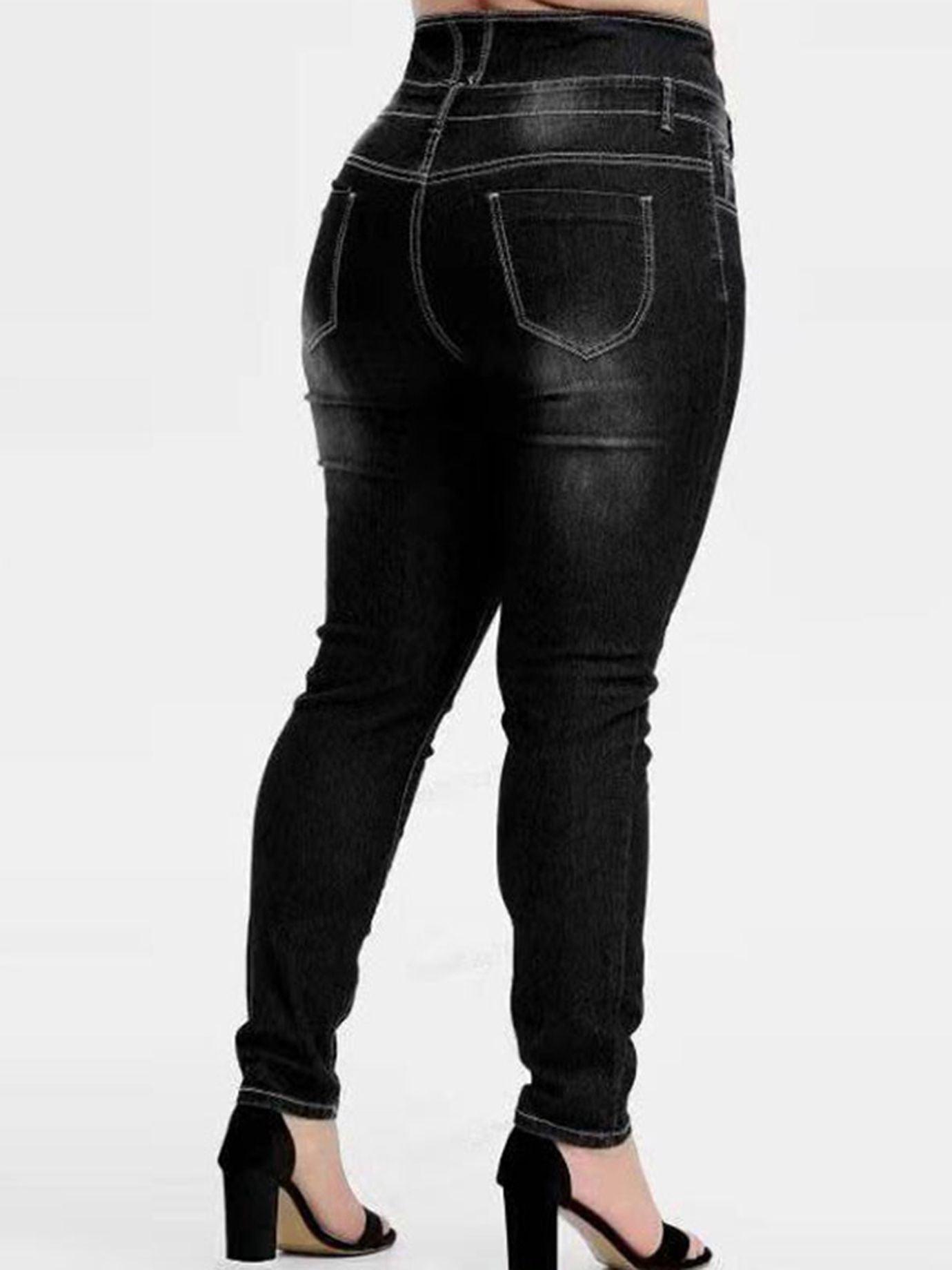 Plus Size High Rise Button Fly Skinny Jeans; Women's Plus Medium Stretch Skinny Pants