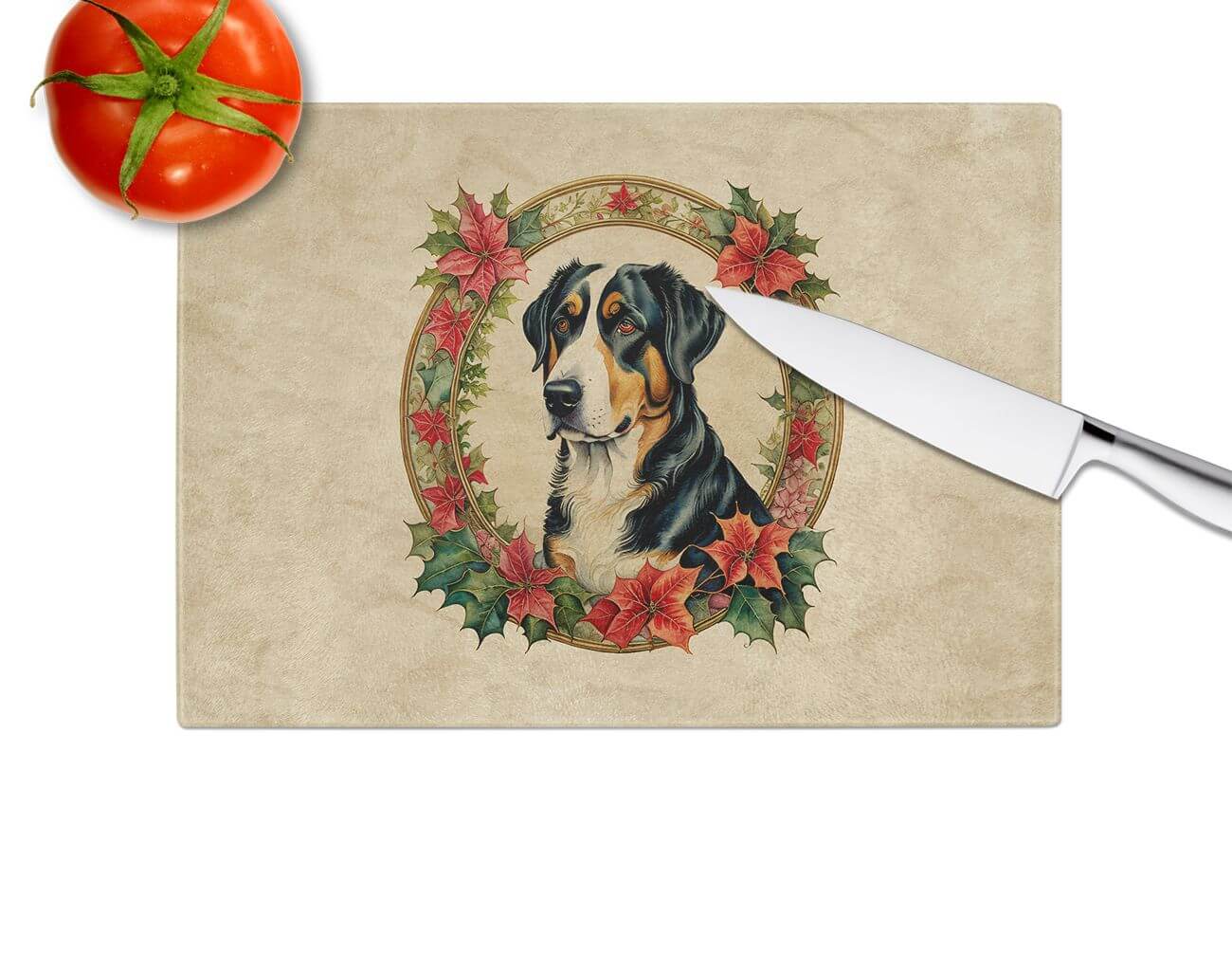 NEW Greater Swiss Mountain Dog Christmas Flowers Glass Cutting Board Decorative Tempered Glass Kitchen Cutting and Serving Board Large Size Chopping Board