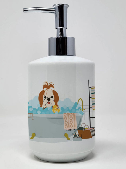 Red White Shih Tzu in Bathtub Ceramic Soap Dispenser Hand Soap Dispenser Pump Bottles for Bathroom Kitchen, Empty Refillable Liquid Soap Container