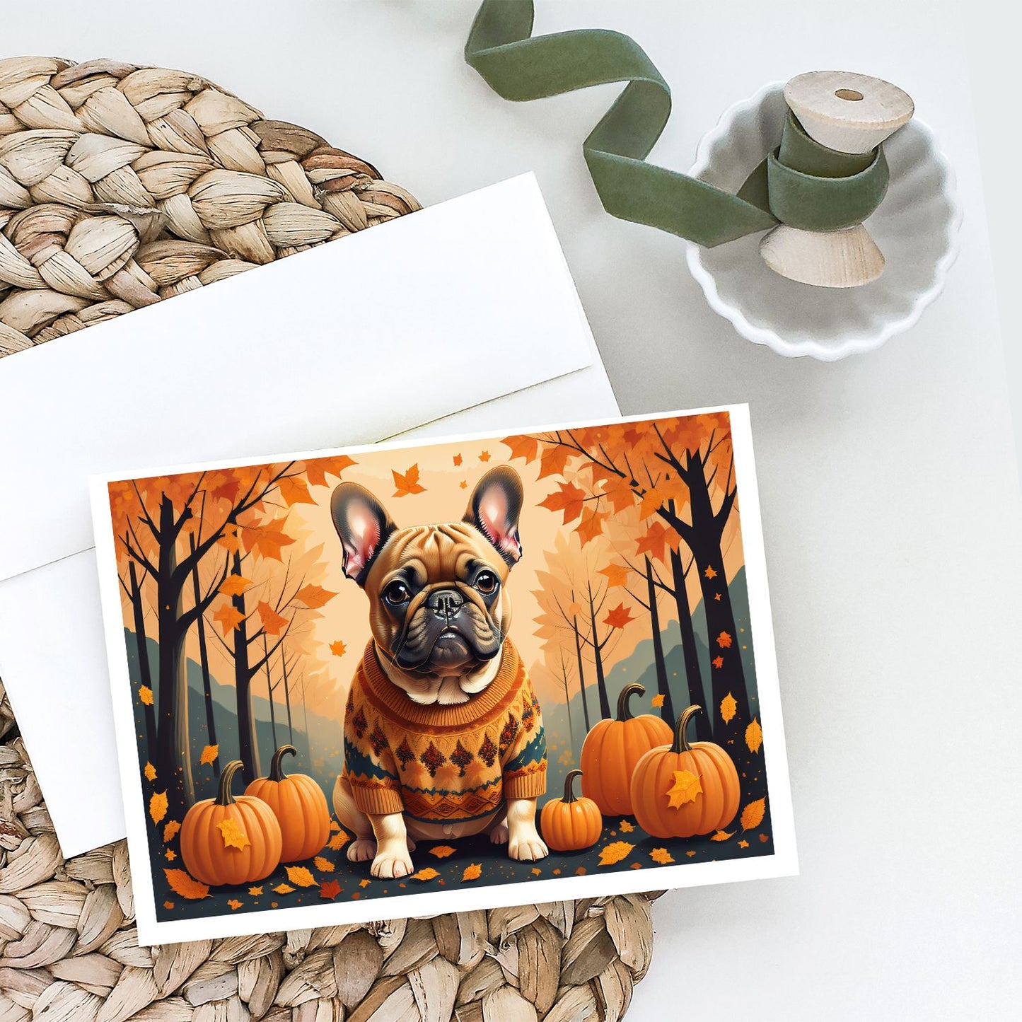 Fawn French Bulldog Fall Greeting Cards Pack of 8 Blank Cards with Envelopes Whimsical A7 Size 5x7 Blank Note Cards