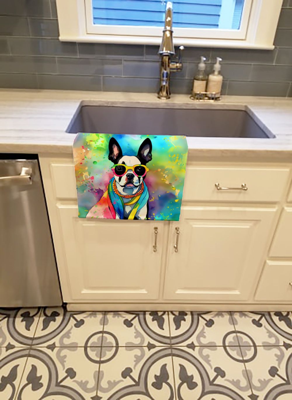 Boston Terrier Hippie Dawg Kitchen Towel Dish Cloths Guest Hand Towel Decorative Bathroom Towel for Face,Tea, Dishcloth, Kitchen and Bath