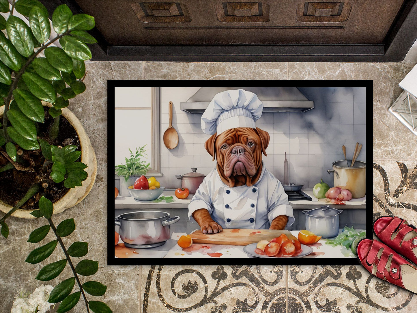 Dogue de Bordeaux The Chef Doormat Front Door Mat Indoor Outdoor Rugs for Entryway, Non Slip Washable Low Pile, 24H X 36W