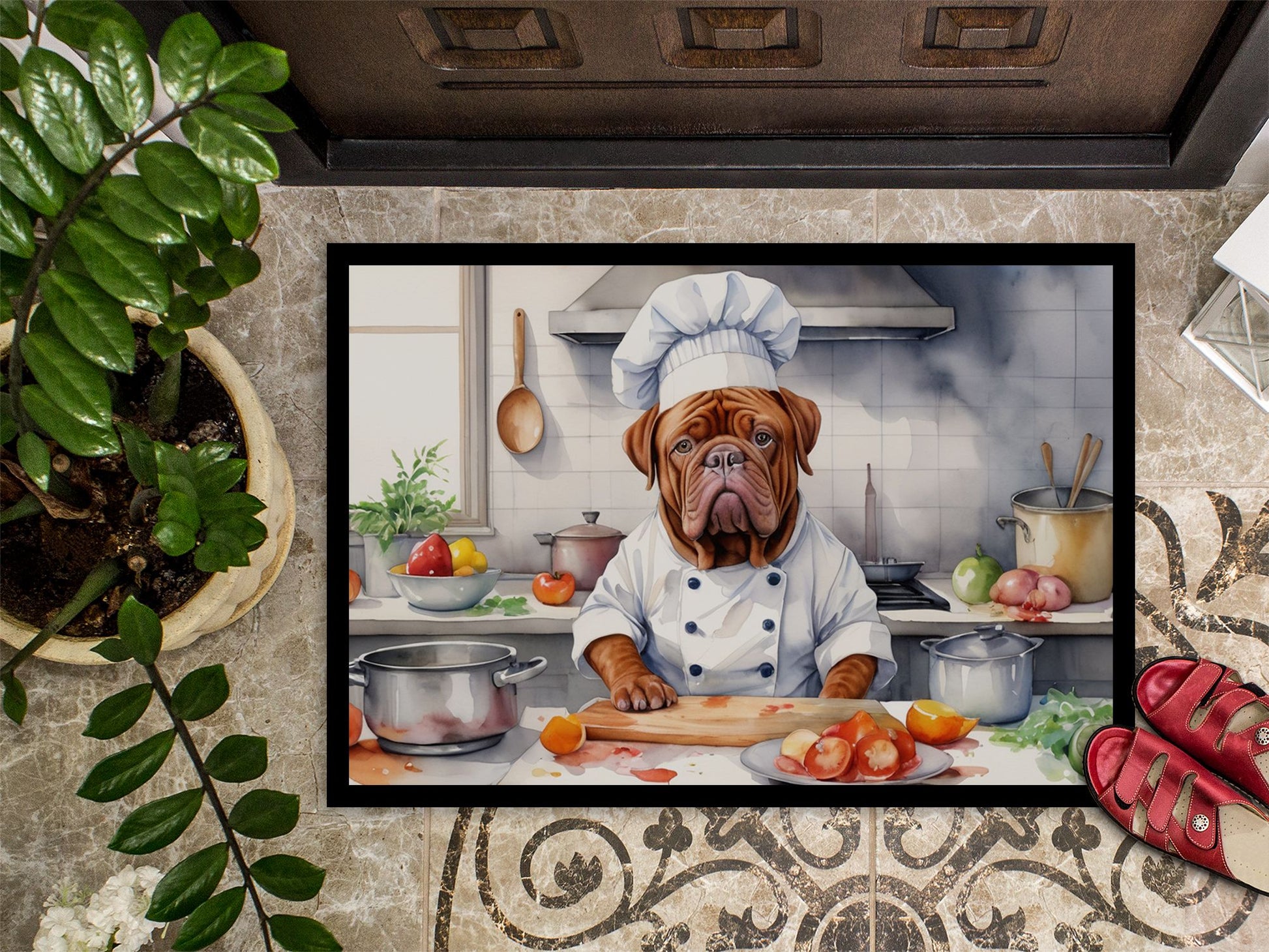 Dogue de Bordeaux The Chef Doormat Front Door Mat Indoor Outdoor Rugs for Entryway, Non Slip Washable Low Pile, 24H X 36W